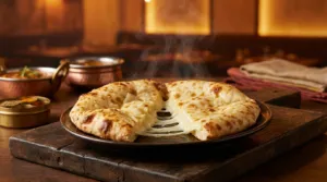 Un naan au fromage doré et fumant, coupé en deux sur une planche, le fromage fondu s'étire. Bols de curry en arrière-plan.