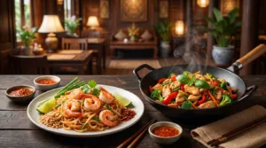 Plat de Pad Thaï aux crevettes et wok de poulet vapeur, servis sur table en bois dans un restaurant thaïlandais chaleureux.