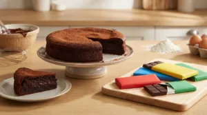 Gâteau au chocolat et sa tranche, avec des barres Feastables MrBeast, farine, œufs et chocolat fondu sur une table de cuisine.