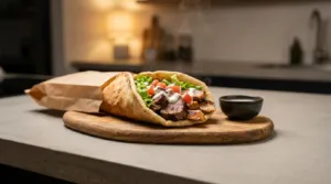 Un kebab chaud et fumant, garni de viande, laitue, tomates et sauce blanche, sur une planche en bois avec un sac en papier, dans une cuisine moderne.