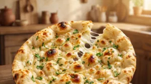 Naan fromage doré parsemé d'herbes, avec du fromage fondu et filant s'étirant d'une déchirure. Arrière-plan de cuisine flou.