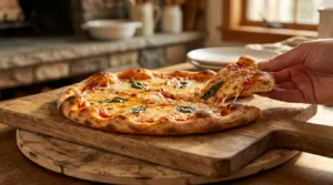 Une main prend une part de pizza Margherita chaude avec du fromage filant, posée sur une planche en bois dans une cuisine rustique.