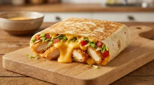 Gros plan sur un Tacos Français ouvert, garni de poulet croustillant, sauce fromagère dégoulinante, laitue et tomates sur une planche en bois.