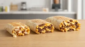 Trois tacos français de tailles différentes, garnis de poulet ou bœuf, frites et sauce fromage, sur une table en bois.