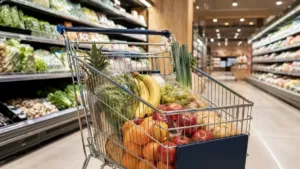 Chariot de supermarché rempli de fruits et légumes dans un rayon frais