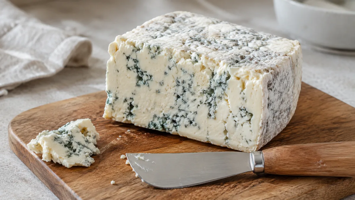 Morceau de gorgonzola entamé sur une planche à découper en bois avec un couteau à fromage