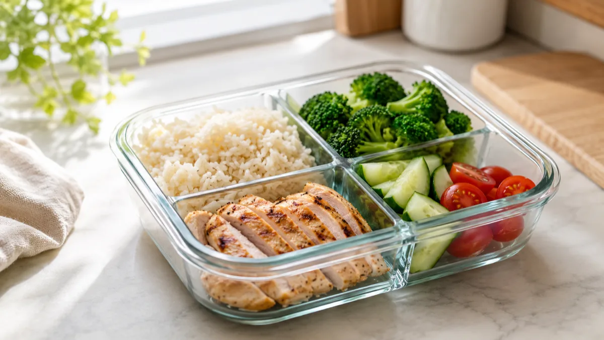 Lunchbox compartimentée remplie de légumes frais, céréales et protéines, prête à emporter