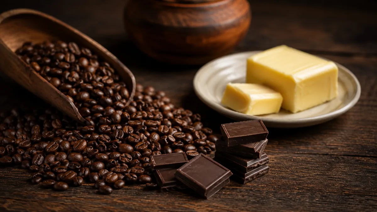 Grains de café, carrés de chocolat et morceau de beurre disposés sur une table en bois