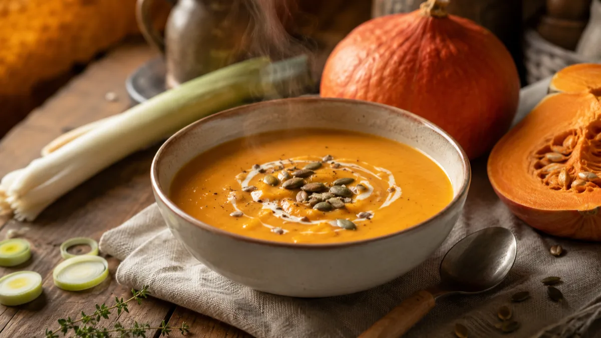 Bol de velouté de légumes orange fumant garni de graines sur une table en bois
