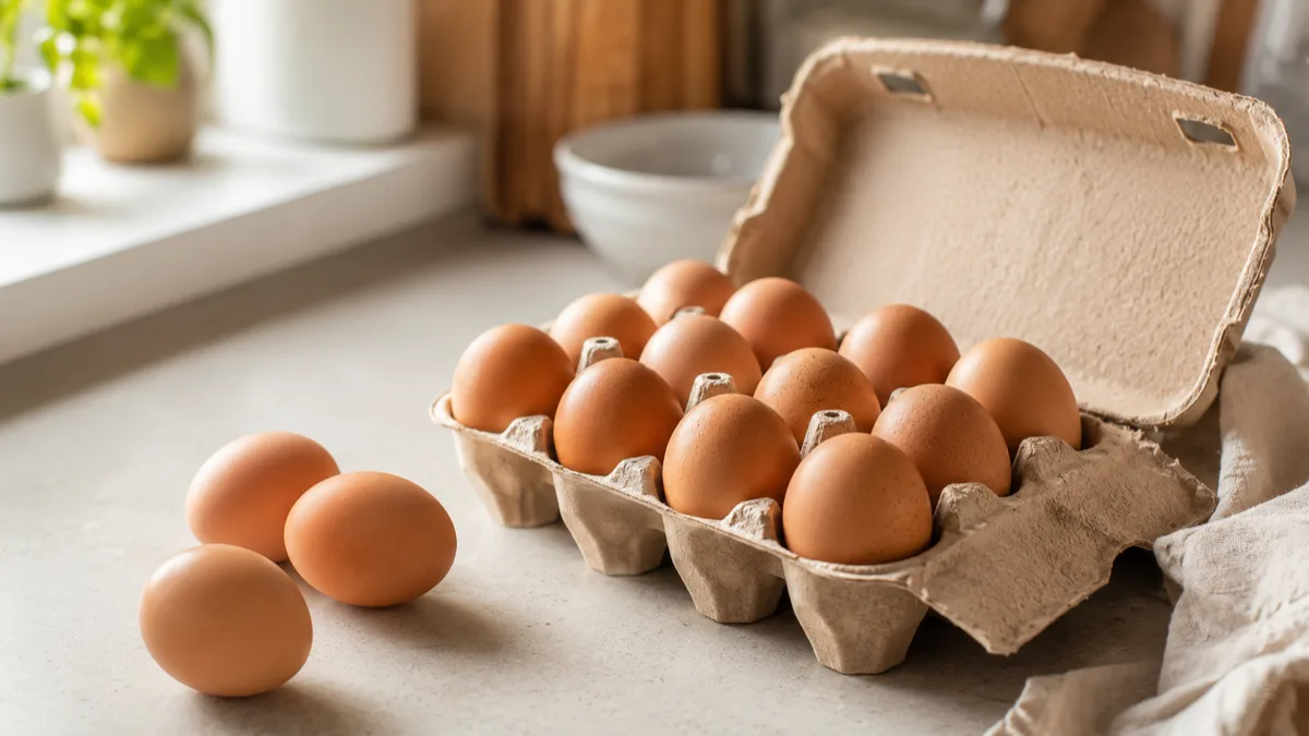 Œufs frais bruns rangés dans une boîte en carton sur un plan de travail