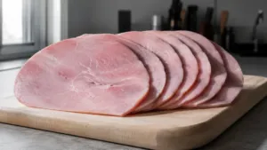 Tranches de jambon blanc cuit disposées sur une planche en bois