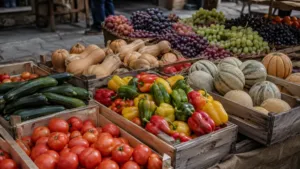 Étal de marché de fin d'été avec cageots de tomates, courgettes, poivrons et melons