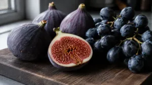 Figues violettes entières et coupée à côté d'une grappe de raisin noir