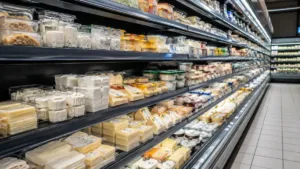 Rayon frais de supermarche avec produits emballes en libre-service