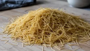 Tas de vermicelles très fines de type cheveux d'ange sur une planche en bois
