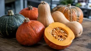 Courges d'automne de variétés différentes sur un plan de travail en bois, dont une coupée
