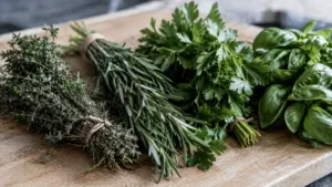 Bottes d'herbes aromatiques fraîches posées sur une planche en bois