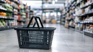 Panier de courses posé au sol dans une allée de supermarché aux rayons flous