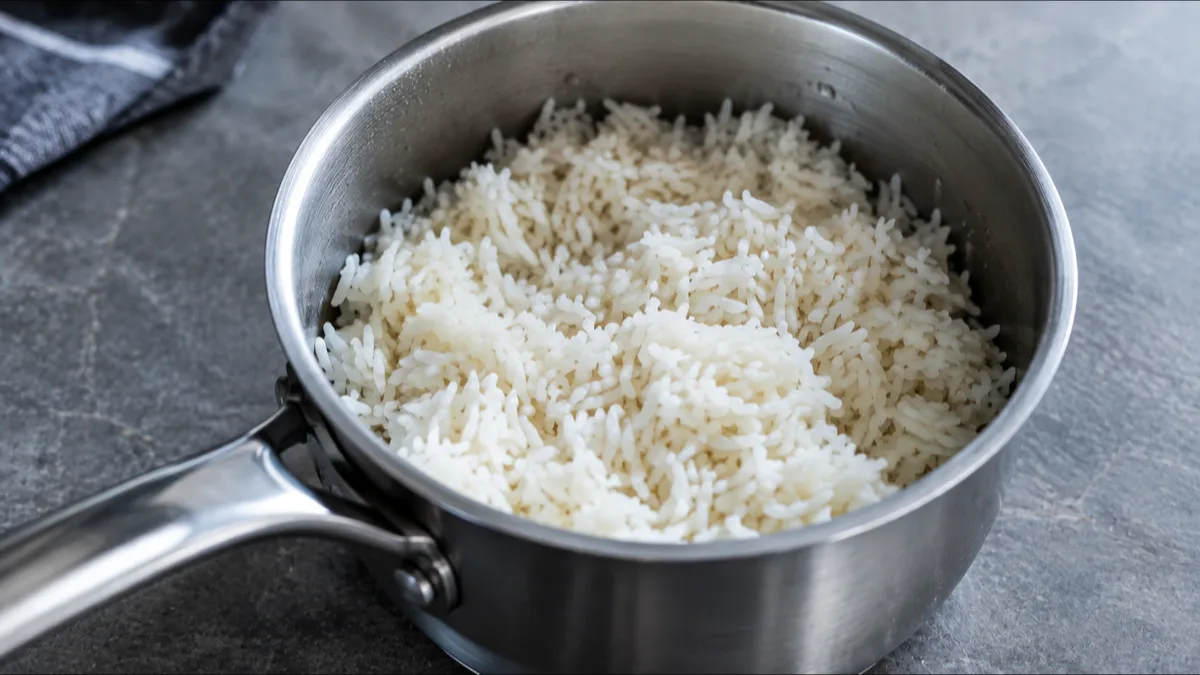 Riz blanc cuit aux grains détachés dans une casserole