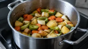 Casserole en inox remplie de légumes d'automne en train de revenir sur le feu