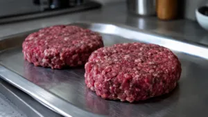 Deux steaks hachés de bœuf crus posés sur un plateau en inox dans une cuisine