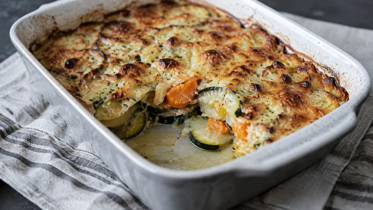 Gratin de légumes doré dans un plat en céramique sortant du four