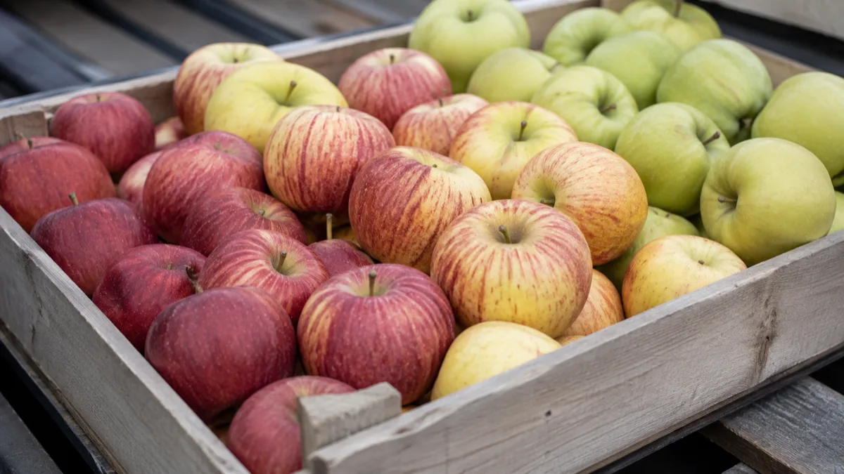 Pommes de différentes variétés dans une cagette en bois